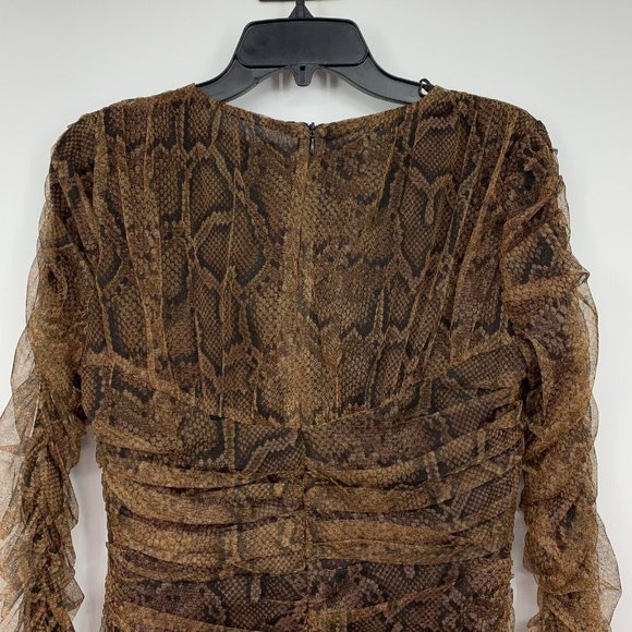Zara Dress Brown Snake Print Draped Tulle V Neck Long Sleeve NWT - Picture 11 of 13